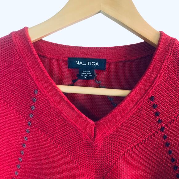 Nautica Size XL Men's V-Neck Sweater Red Blue Argyle Diamond Christmas Holiday - Picture 4 of 7